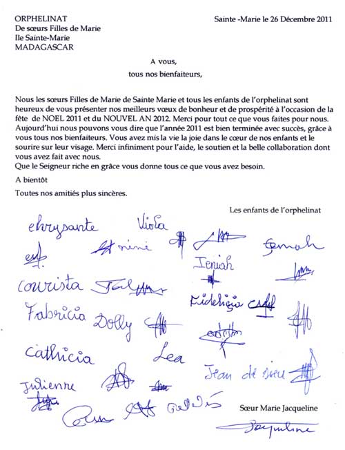 Voeux de l'orphelinat des Filles de Marie de l'Ile Ste Marie